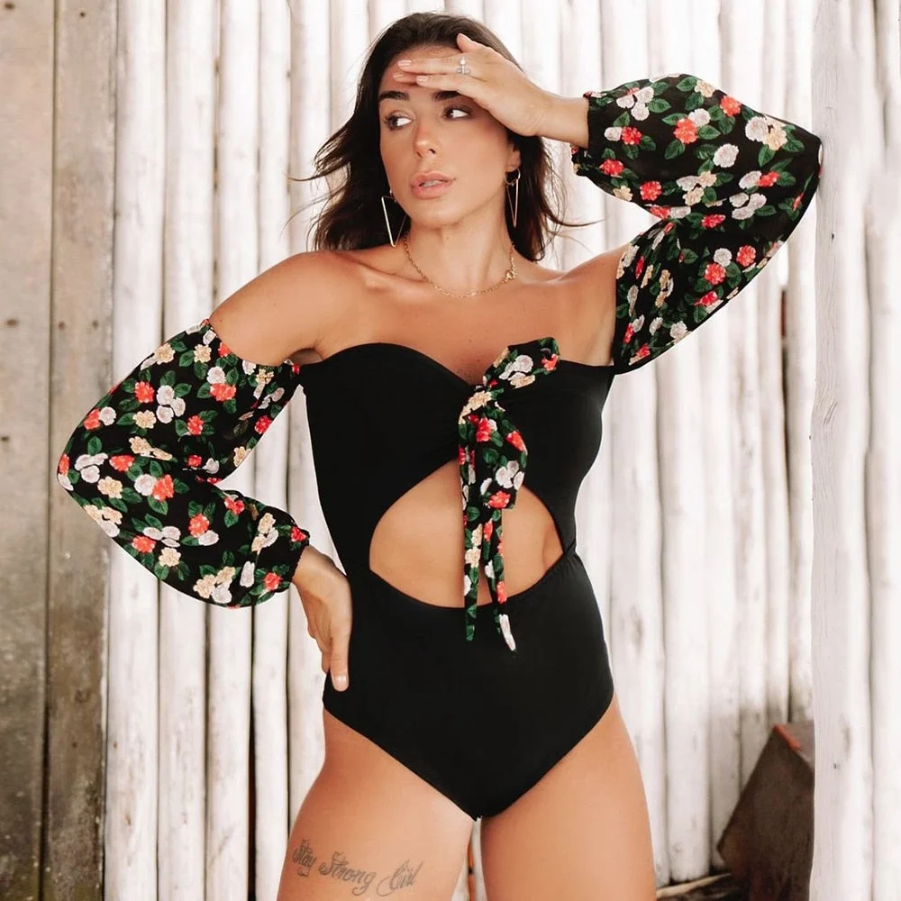 2022 New One Piece Swimsuit Print Retro Long Sleeve Swimwear Women Bandage Floral Bathing Suits Strappy Backless Beach Wear