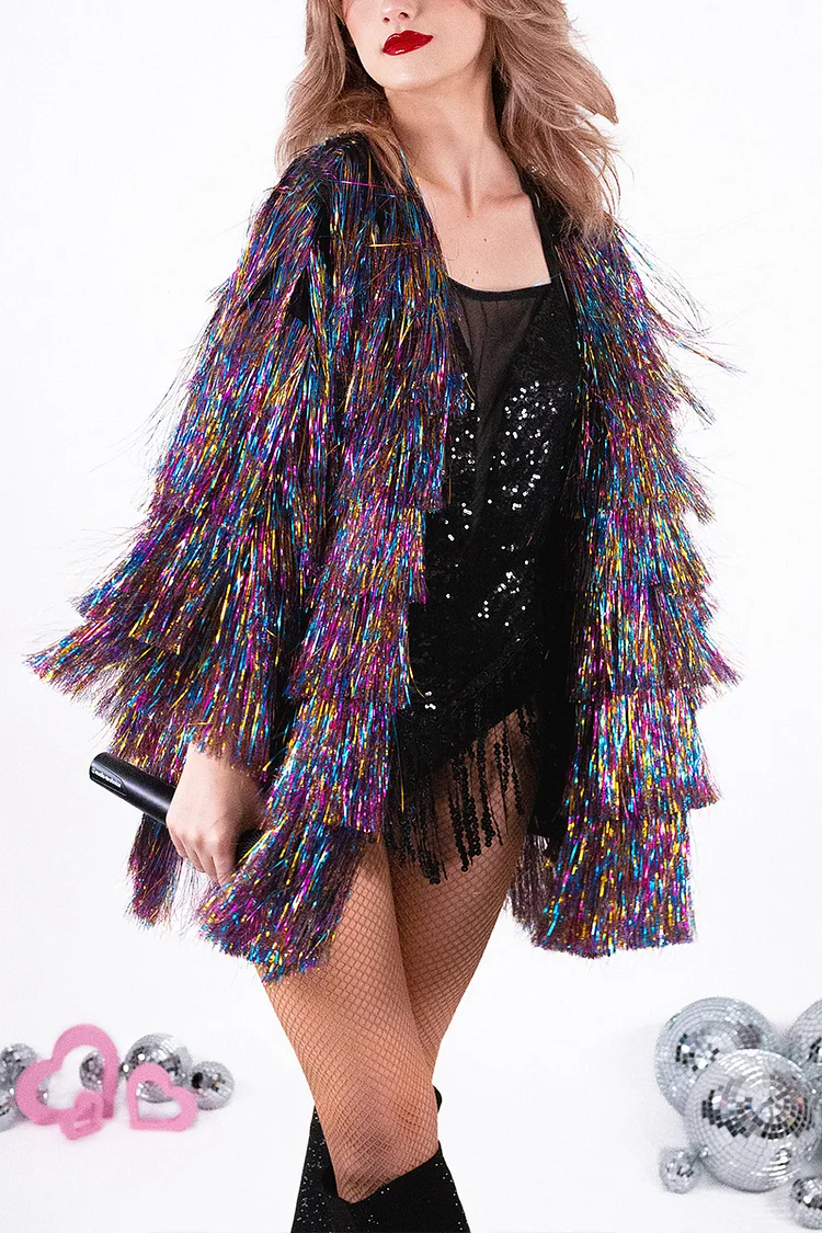 Ciciful Tinsel Fringe Reflective Rainbow Festival Disco Swing Jacket