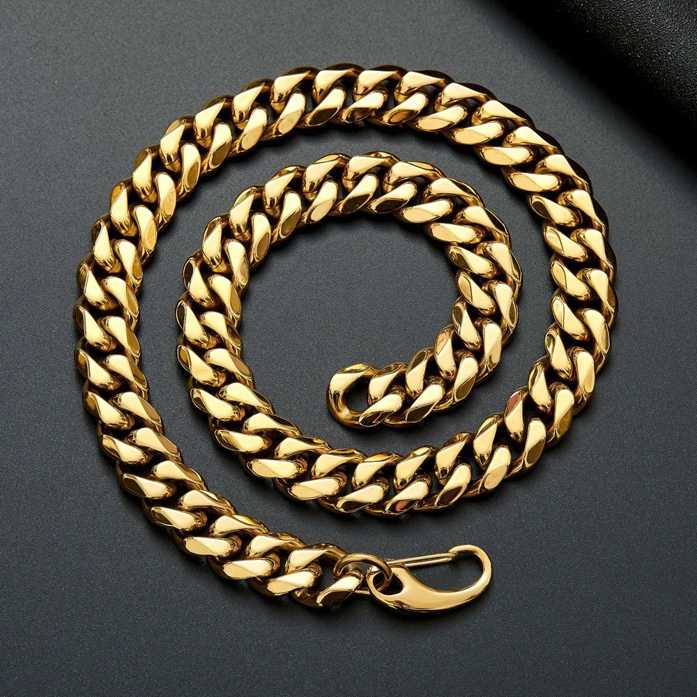 Gold Tone Titanium Stainless Steel Hip Hop Miami Chain Curb Cuban Link Rapper Necklace With Tail 15mm Size