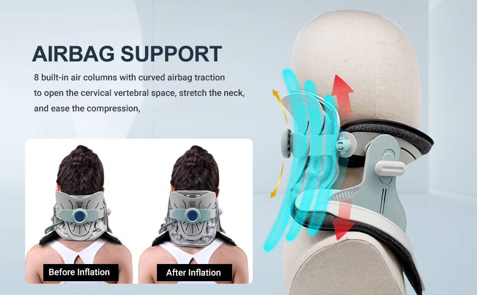 A modern cervical traction device designed to provide neck pain relief. The Cervitrax Gen-2 features an ergonomic design with adjustable straps, comfortable padding, and an easy-to-use inflation pump. The device is shown in use, supporting the user's neck and gently stretching the cervical spine for therapeutic benefits.