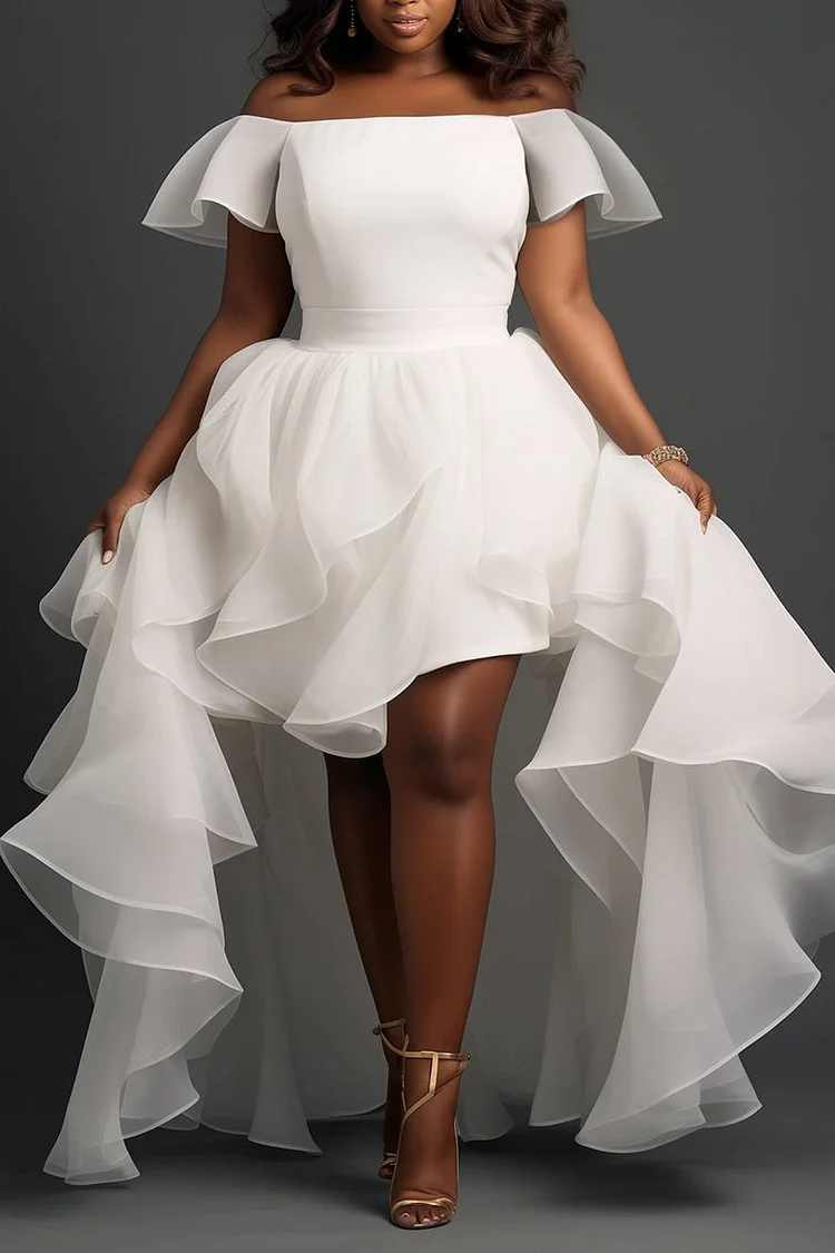 Xpluswear Design Plus Size Wedding Guest White Off The Shoulder Cap Sleeve Ruffle Asymmetric Hem Tulle Mini Dresses [Pre-Order]