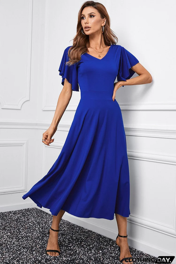 Blue V Neck Ruffled Sleeves Flare Long Formal Dress