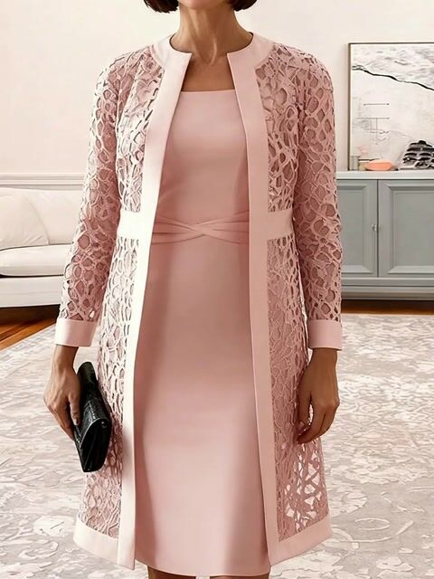 Elegant Solid Lace Hollowed Out Long Sleeve Two Pieces Dress(8 Colors)