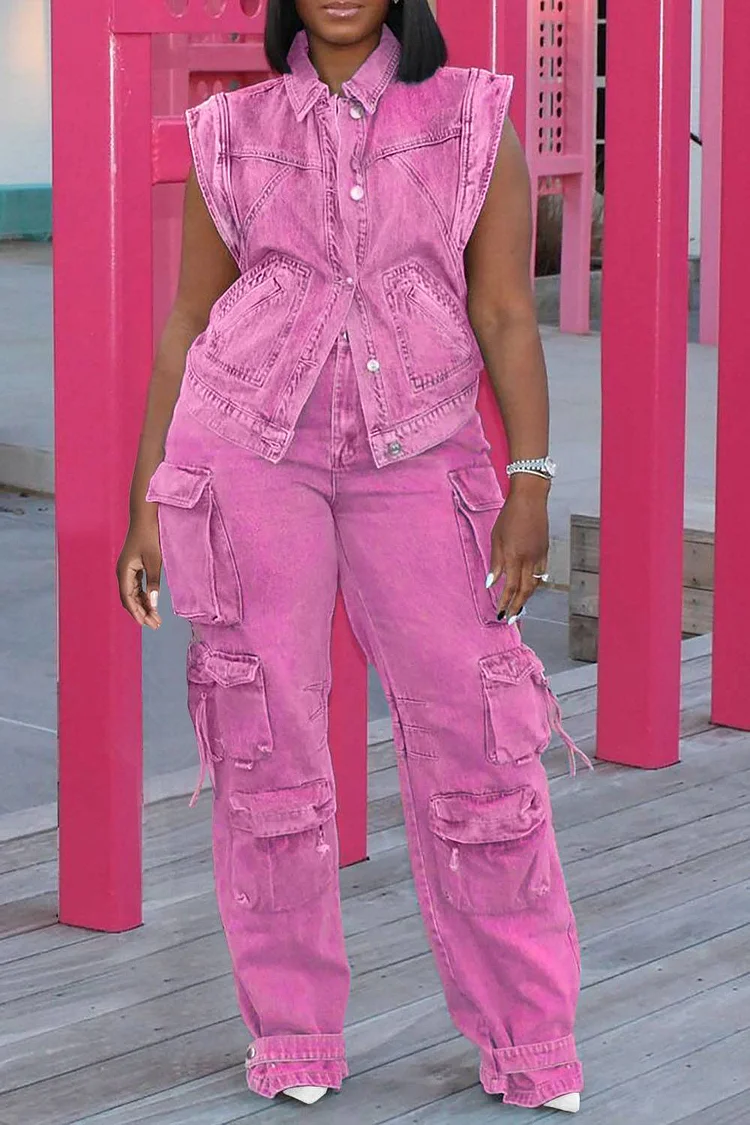 Plus Size Pink Casual Denim Lapel Button Pocket Cargo Cap Sleeve Two Piece Pant Sets [Pre-Order]