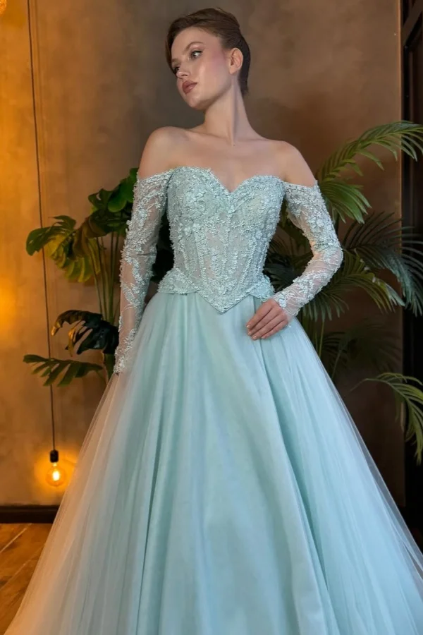 Strapless Off-The-Shoulder Appliques Tulle Prom Dress With Long Sleeves | Wiwidress 