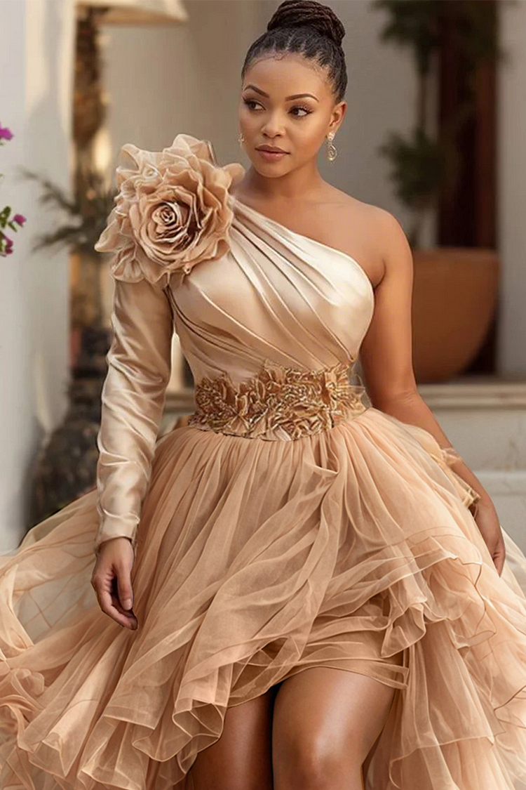 Xpluswear Design Plus Size Wedding Guest Tulle Champagne One Shoulder Long Sleeve Ruffle Elegant 3D Satin Mini Dresses [Pre-Order]