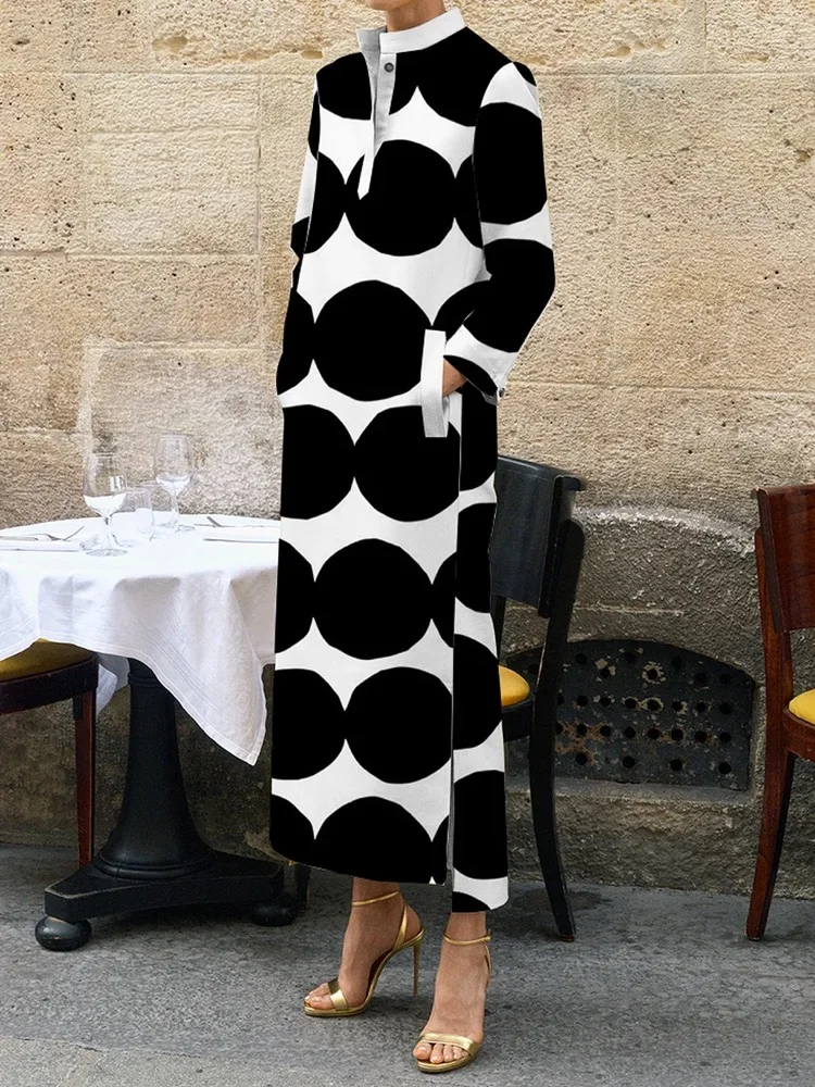 Polka-Dot Elegance: Long Sleeve Stand Collar Midi Dress