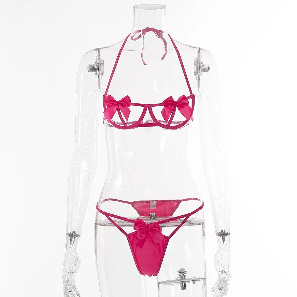 Billionm Women Lace Lingerie Red Bow Knot Transparent Bra and Panty Set Lenceria Para Mujer See Through Femme Ropa Interior 2021 Sexy