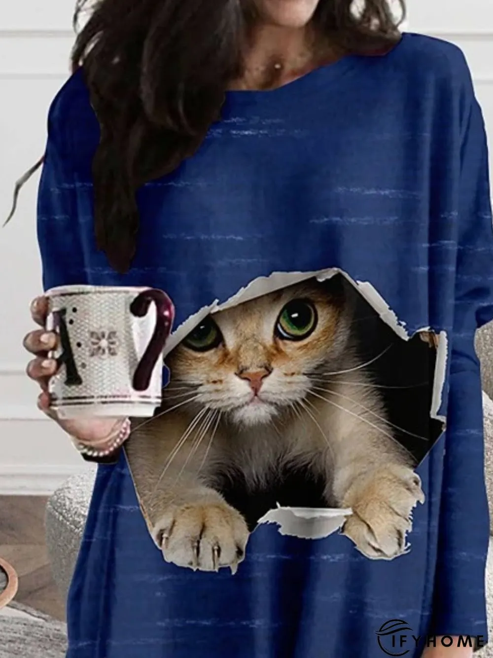 Long Sleeve Printed Simple Tunic T-Shirt | IFYHOME