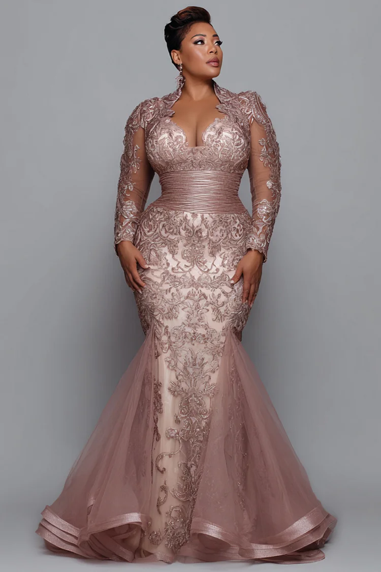 Xpluswear Design Plus Size Formal Pink V Neck Long Sleeve Mermaid Elegant See Through Tulle Lace Maxi Dresses [Pre-Order]