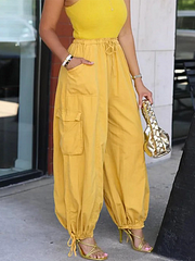 Loose Drawstring Elasticity Pockets Solid Color Casual Pants Bottoms Cropped Trousers Trousers