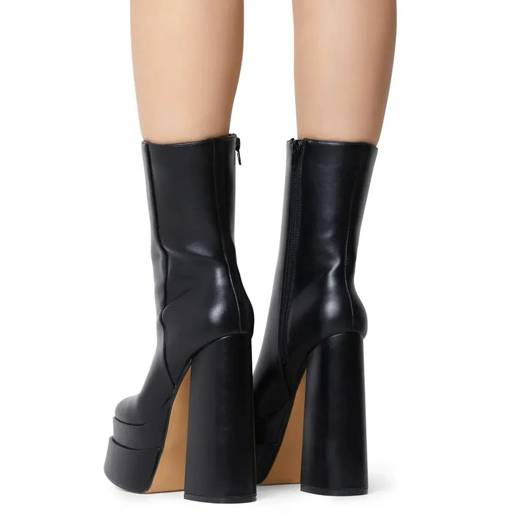 Black Round Toe Chunky Heel Platform Mid Calf Boots with Zipper
