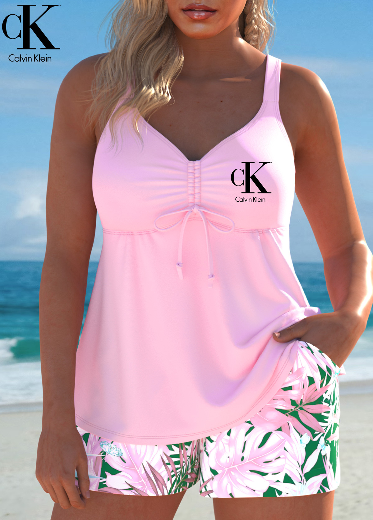 Conjunto de biquíni CK®Royal Blue Tropical Floral com cordão, fato de banho para mulher