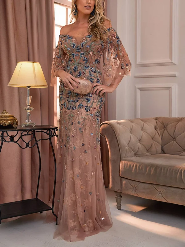 Off-The-Shoulder Lace And Mesh Maxi Dress