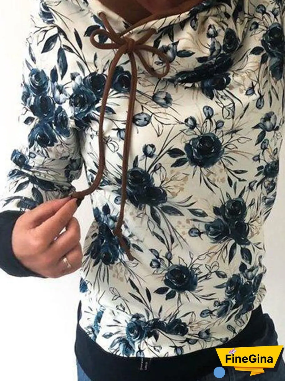 Vintage Floral Printed Paneled Hoodie Color-Block Long Sleeve Plus Size Casual Sweatshirts