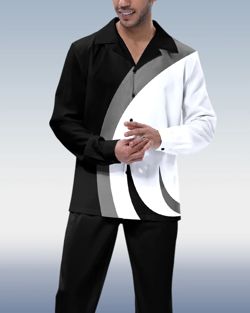 Suitmens Men's White Black Color Block Long Sleeve Walking Suit