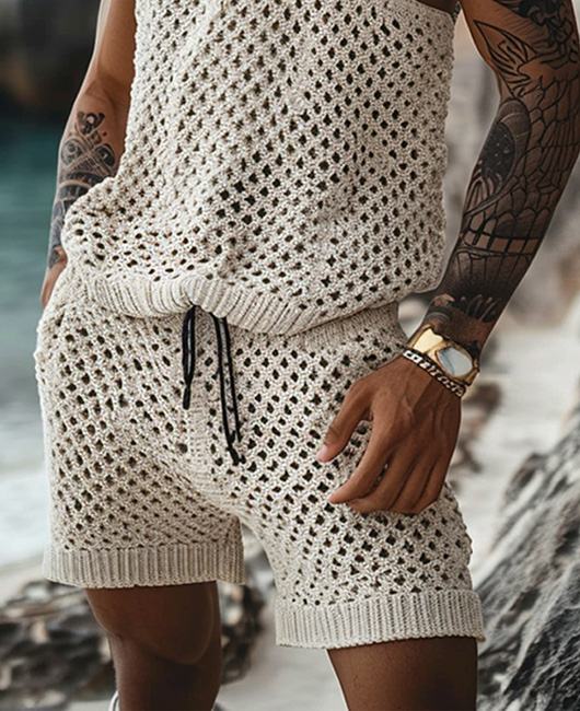 Casual Hollow Out Sleeveless Vest & Shorts 2Pcs Set