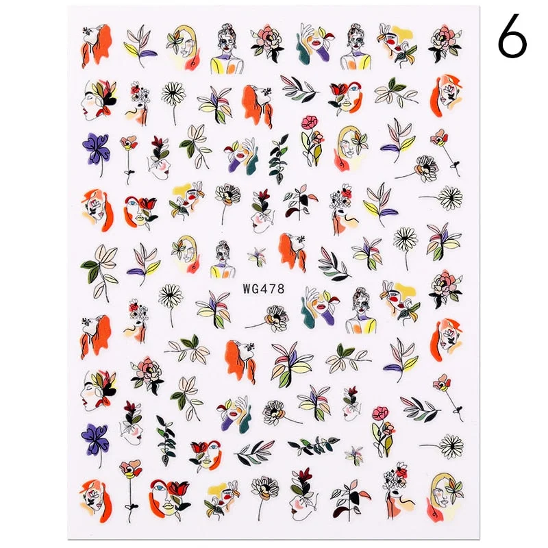 1PC 3D Nail Sticker Stick Figure Woman Face Pattern Special Transfer Picture Flowers Sliders Sticker DIY Nail Art Decoration