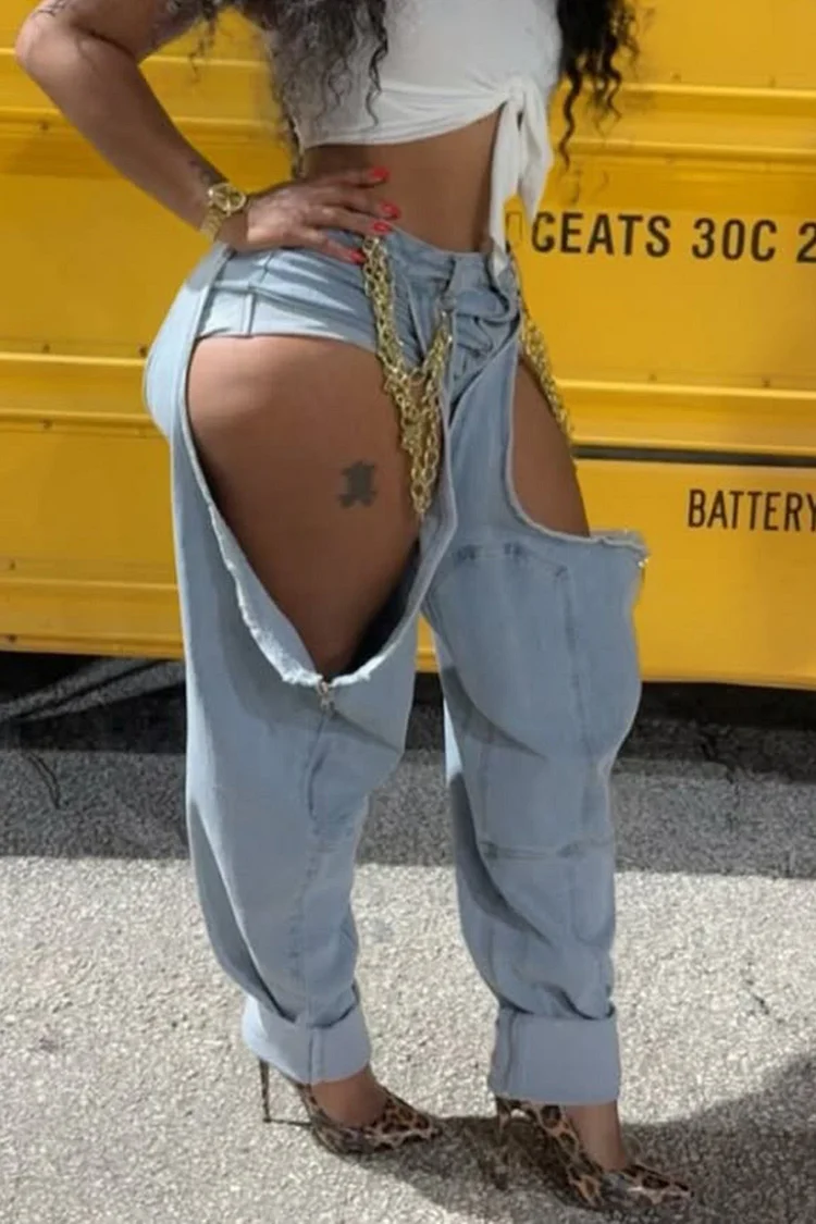 Plus Size Party Blue Casual Cut Out Denim Jeans 2024 - Xpluswear