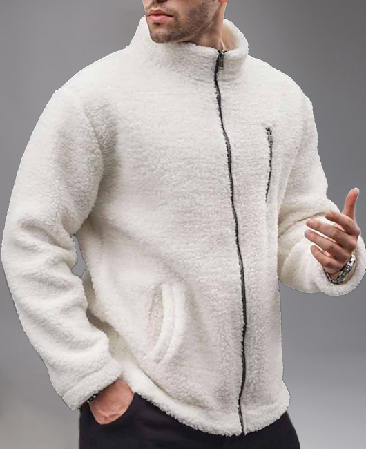 Casual Stand Collar Slant Pocket Zip-Up Polar Fleece Jacket