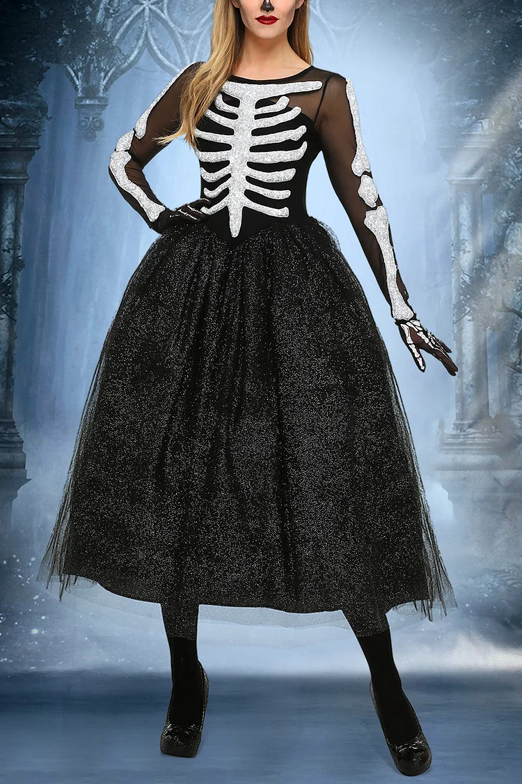 Xpluswear Design Plus Size Halloween Costumes Black Skeleton Print Tulle Long Sleeves Midi Dress