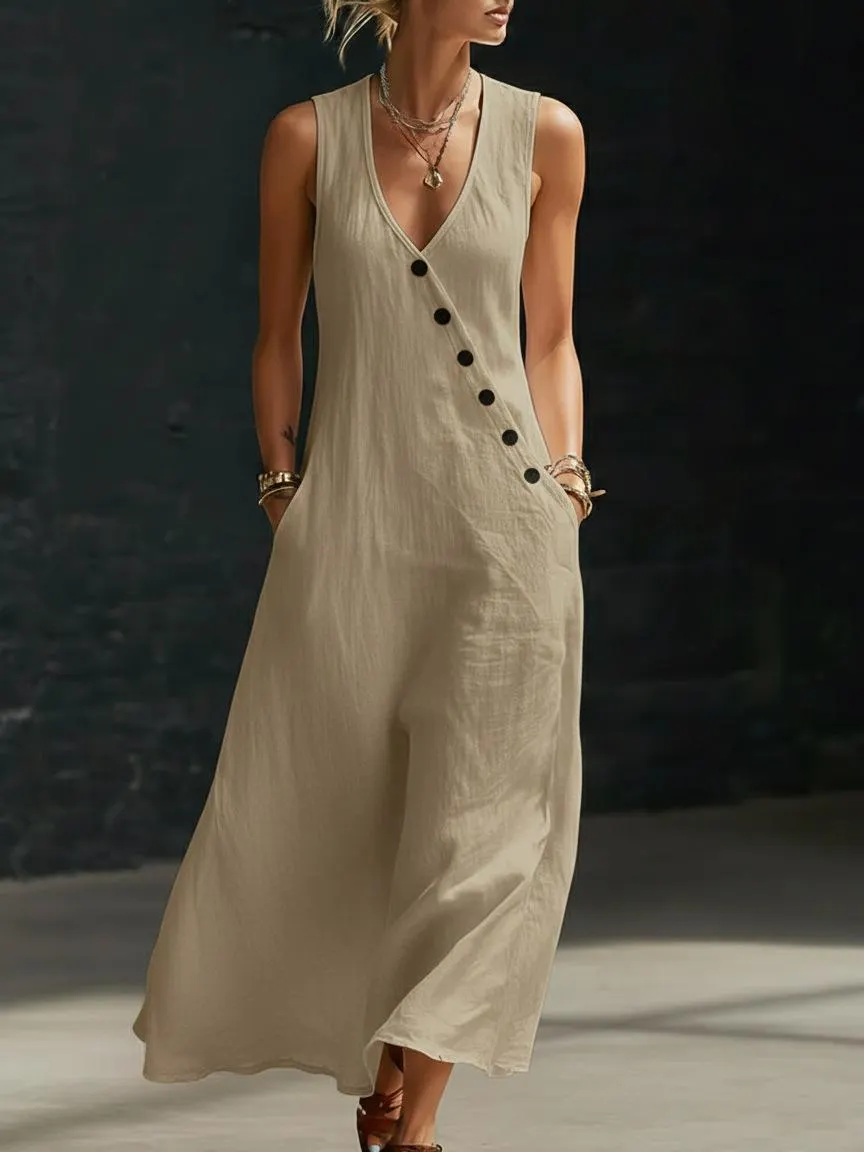 Boho Leinen Maxikleid - Perfekt für Strand, Urlaub & Brunch! Ärmelloses V-Ausschnitt-Kleid mit Knopfdetails und Taschen # ÄrmellosesKleid # Freizeitkleid # Sommerkleid # BohoMode # V-AusschnittKleid # KleiderFürFrauen # OutfitDesTages