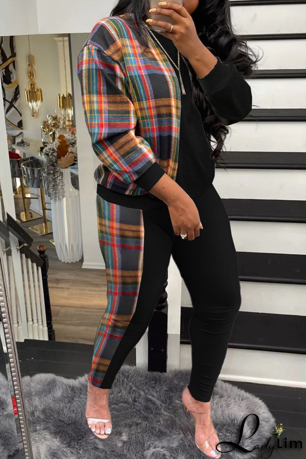 Grey Casual Plaid Print Patchwork O Neck Long Sleeve Two Pieces