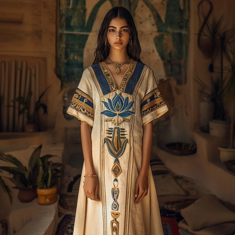Egyptian Egyptian Lotus Embroidery Women's Linen Maxi Dress