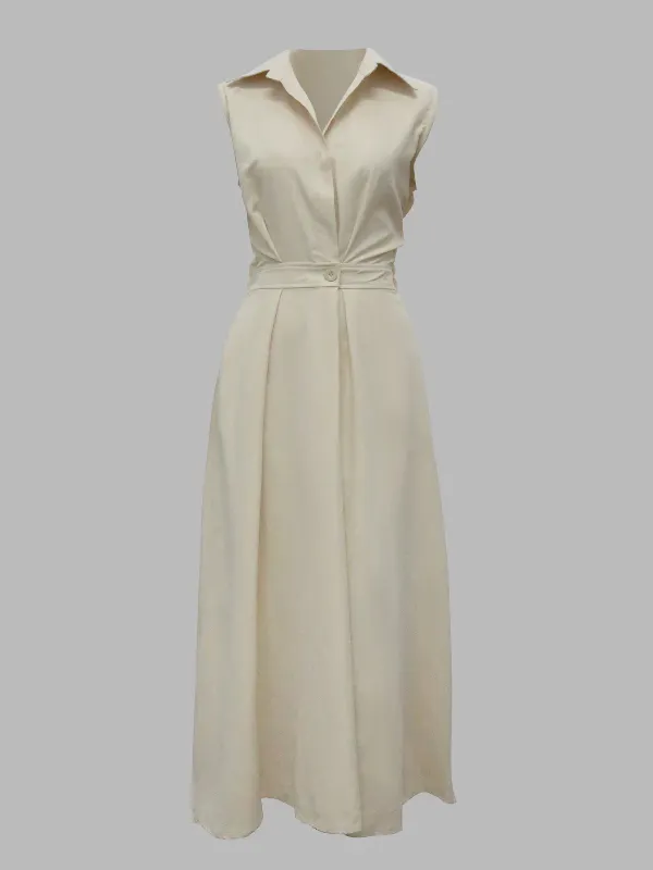Sophisticated Minimalism: Sleeveless Lapel Midi Dresses in Solid Color