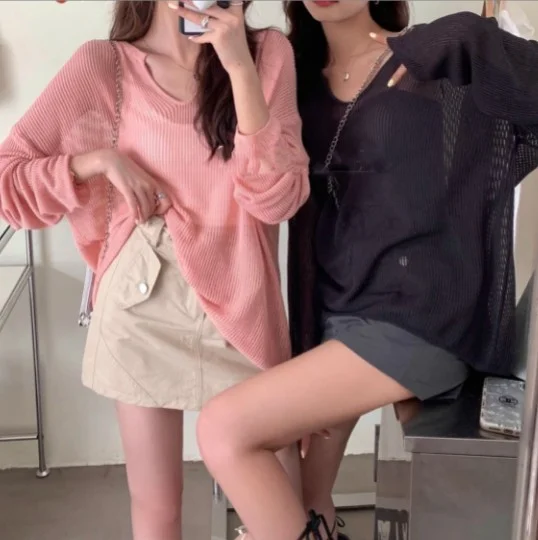 Churchf Churchf New Korean Loose Lazy Wind Long Sleeve Large Version V-Neck Ice Silk Jacket Women's Spring And Summer Thin Hollow Out Sweater