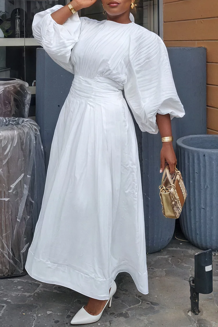 Plus Size Business Casual White Round Neck Lantern Sleeve 3/4 Sleeve Pocket Elegant Pleated Maxi Dresses [Pre-Order]
