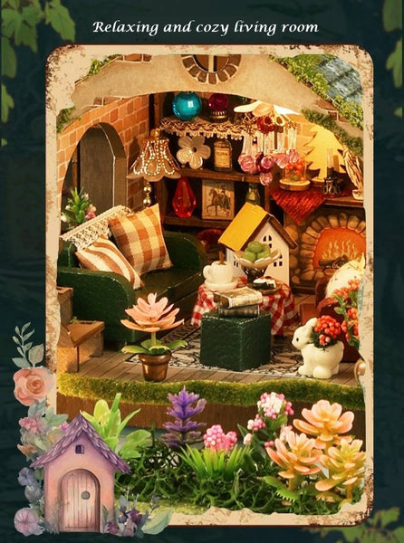 image displaying miniature scenes of relaxing living room in the Forest Adventure DIY Miniature House Kit