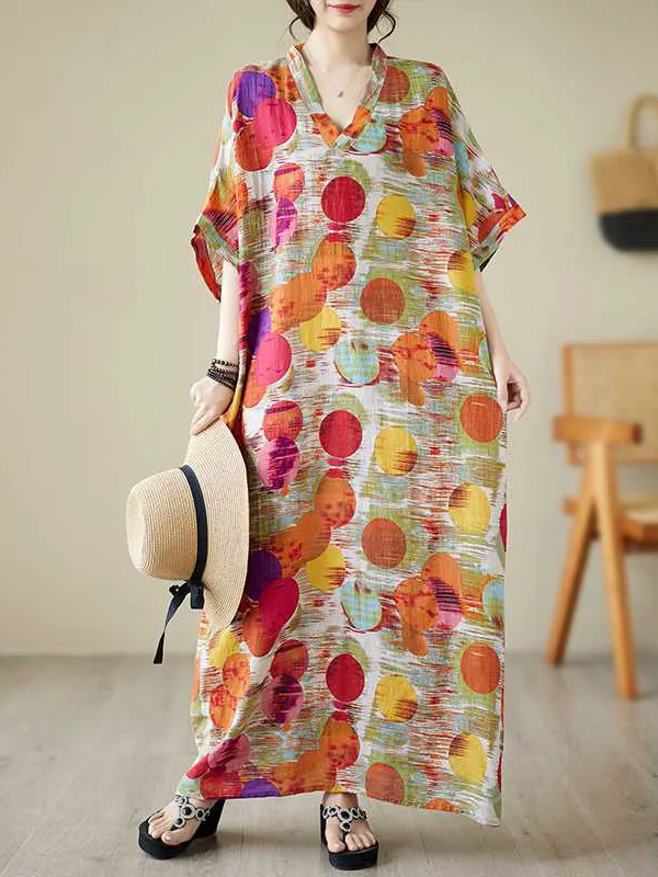 Contrast Color Printed Batwing Sleeves Long Sleeves Round-Neck Maxi Dresses