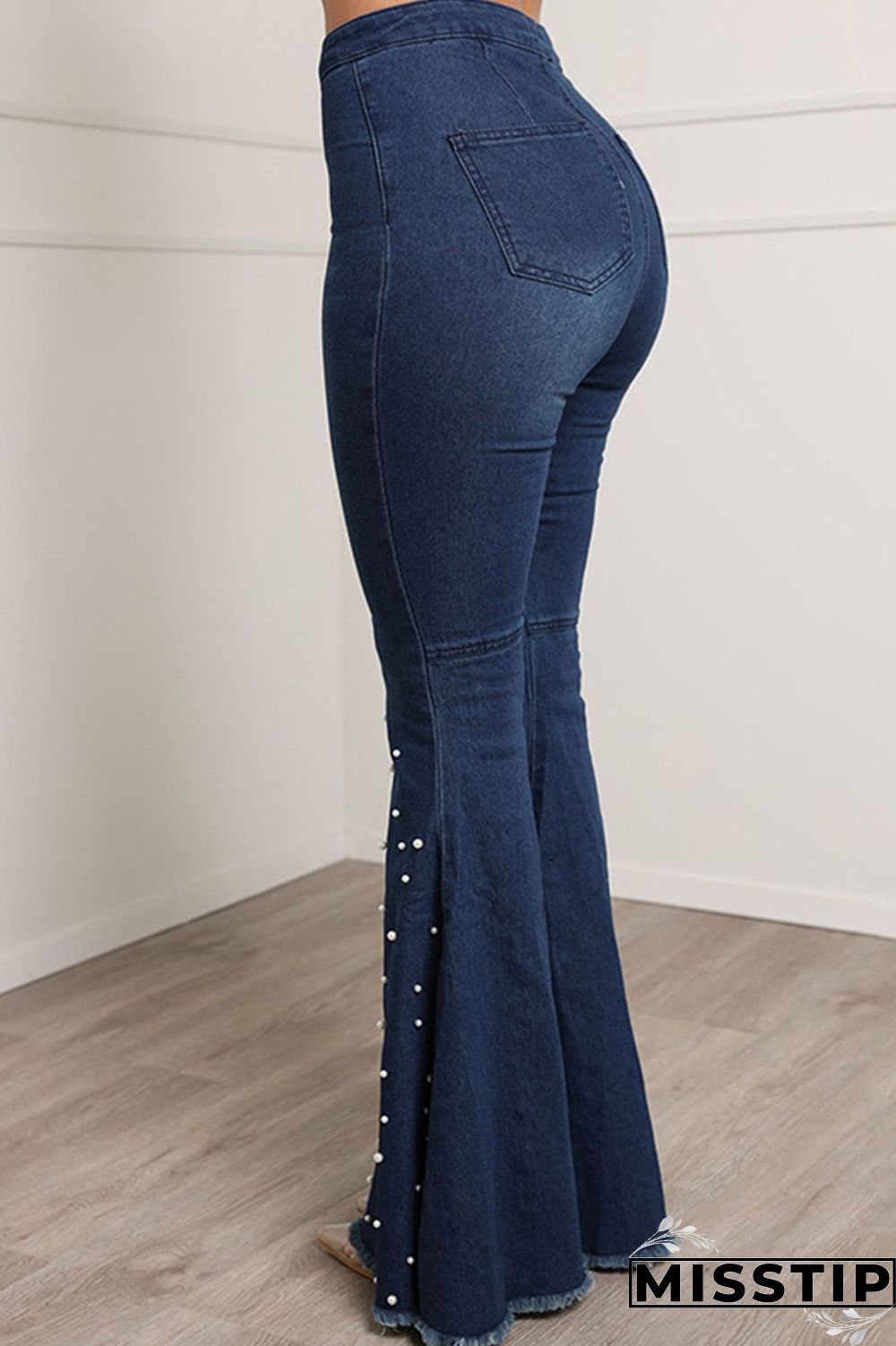 Blue Casual Street Solid Patchwork Beading High Waist Boot Cut Denim Jeans