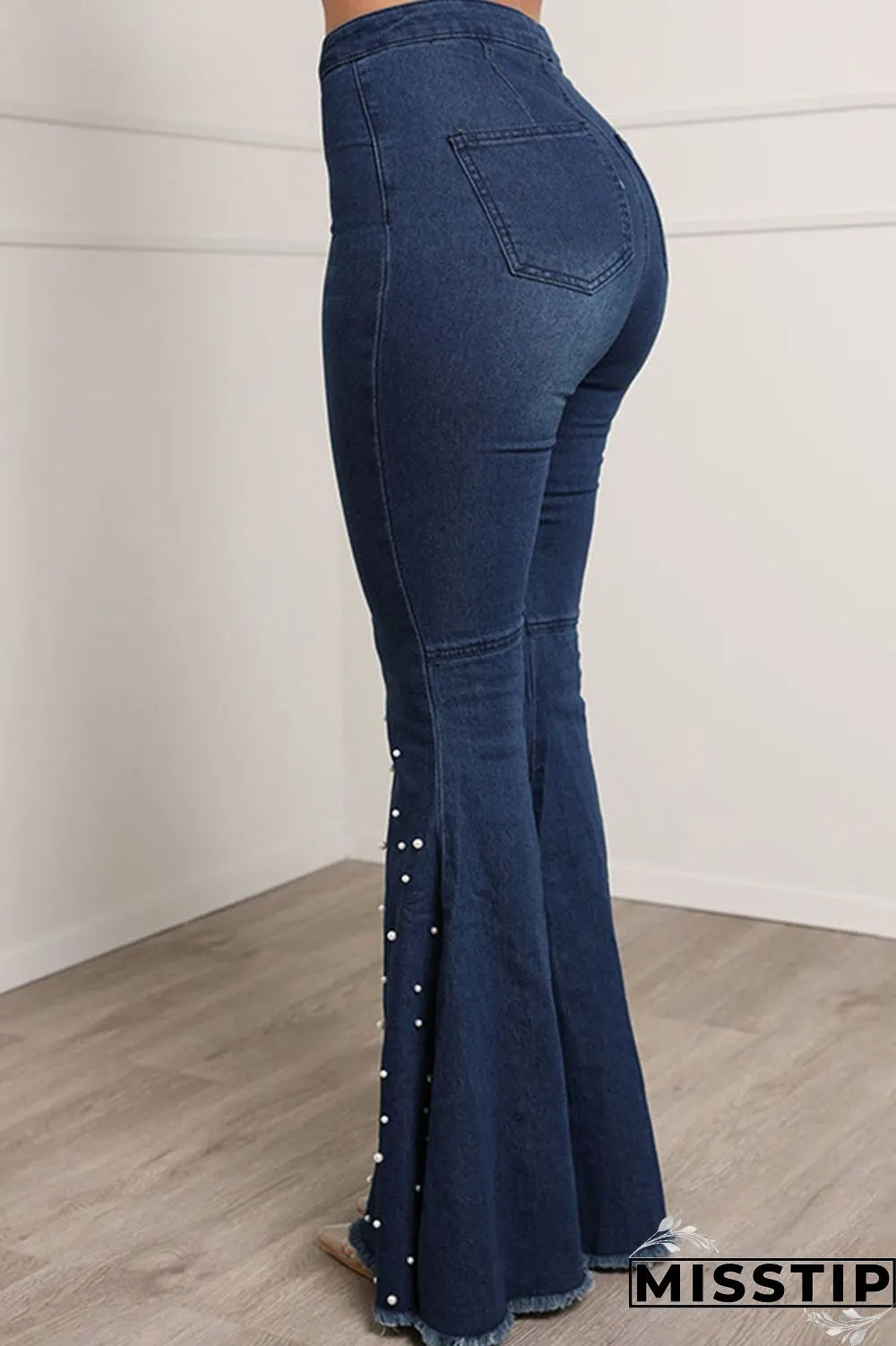 Blue Casual Street Solid Patchwork Beading High Waist Boot Cut Denim Jeans