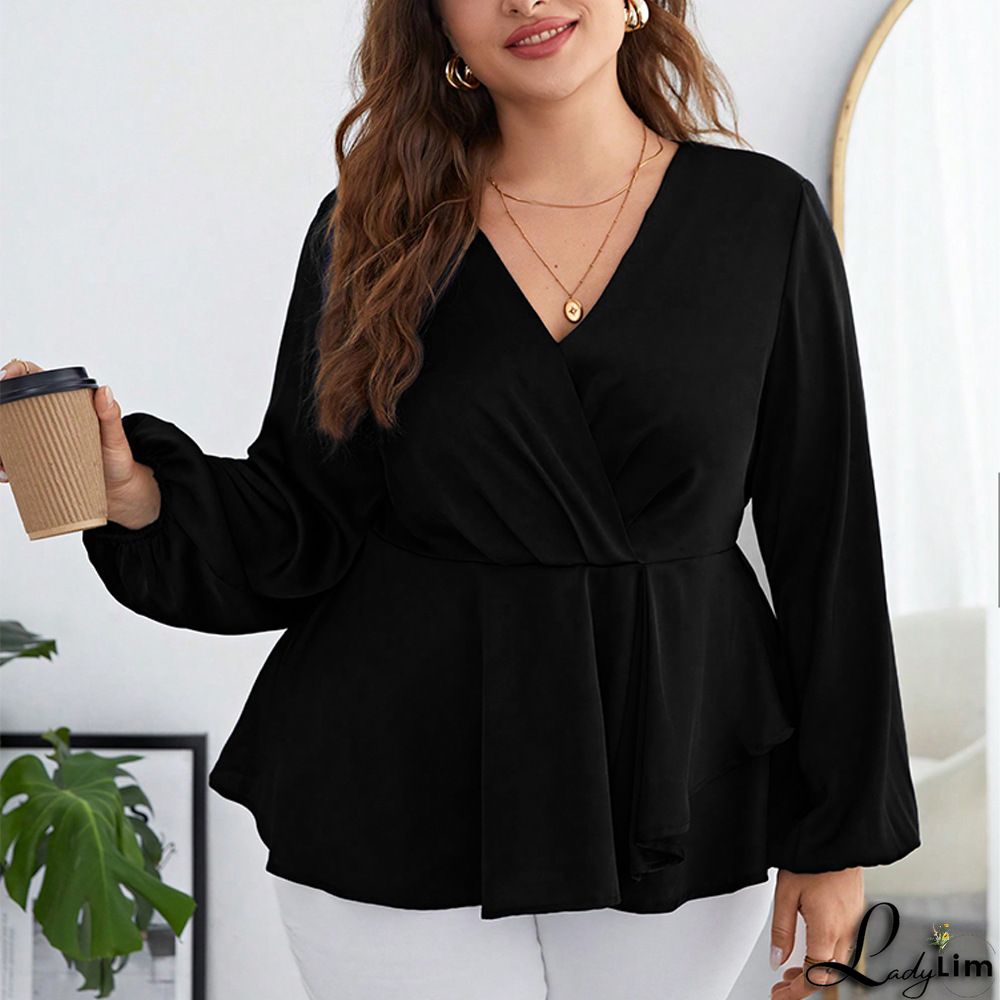 Elegant Plain Surplice Neck Long Sleeve Lace Up Blouse