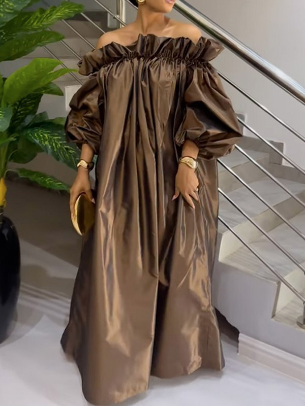 Original Loose Long Sleeves Tied Pleated Falbala Solid Color V-Neck Maxi Dresses