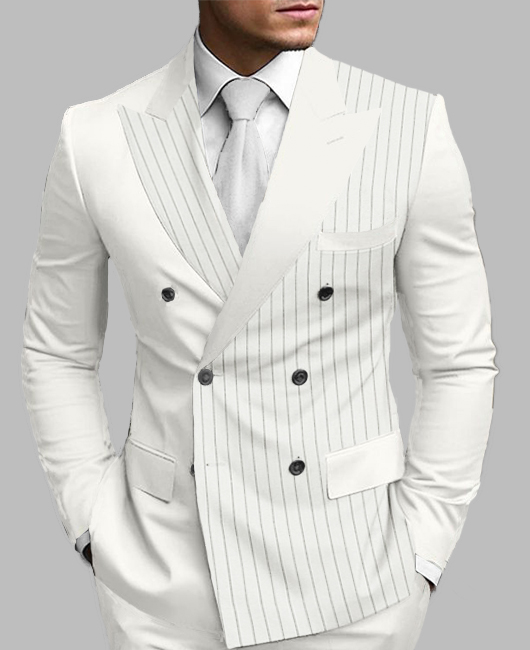 Business Stripes Patchwork Peaked Lapel Double Breasted Blazer