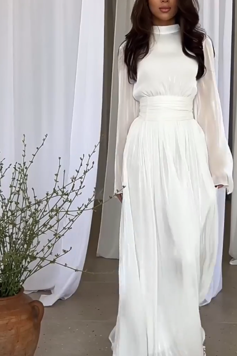 Pleated Trumpet Solid Long Dress