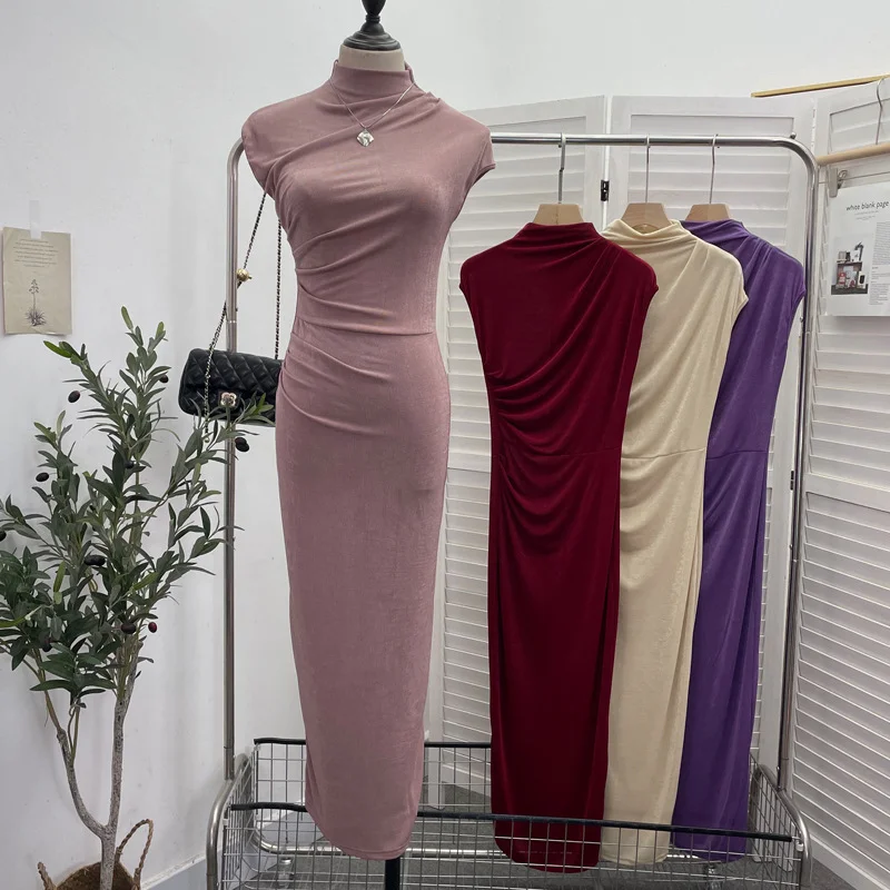 Nigikala Nigikala Unique Dress With Thin Folds And Hips High-Collar After The Opening Of The Fork Dress 8858