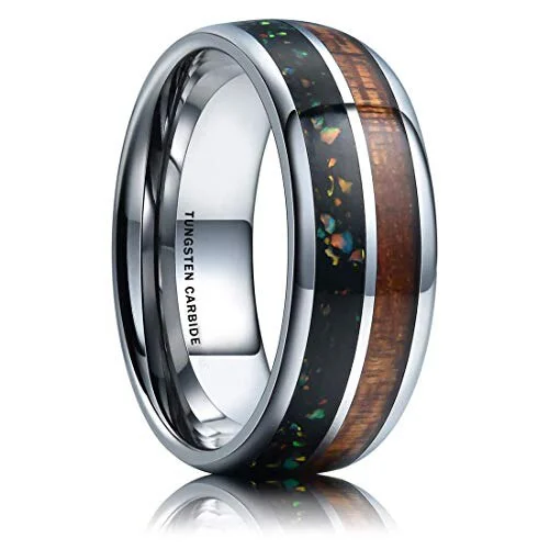 6MM 8MM Women's Or Men's Tungsten Carbide Wedding Matching Rings Silver with Multi Color Rainbow Opal Inlay
