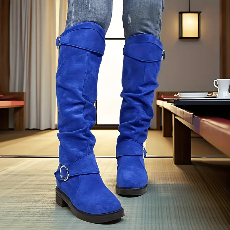 womens retro chunky heel calf boots with plush lining winter warm round toe pull on knee high boots in black blue soft synthetic cover cushioned insole versatile casual semi formal shoes for wear Product details 9