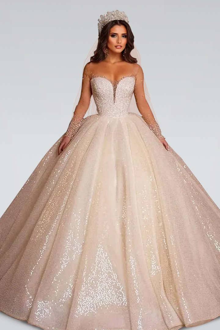  Luxury Long Ball Gown Sweetheart Wedding Dress with Sleeves - ohprom