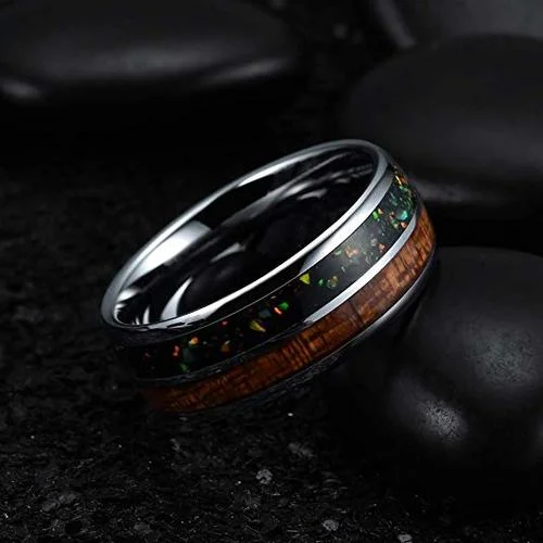 6MM 8MM Women's Or Men's Tungsten Carbide Wedding Matching Rings Silver with Multi Color Rainbow Opal Inlay