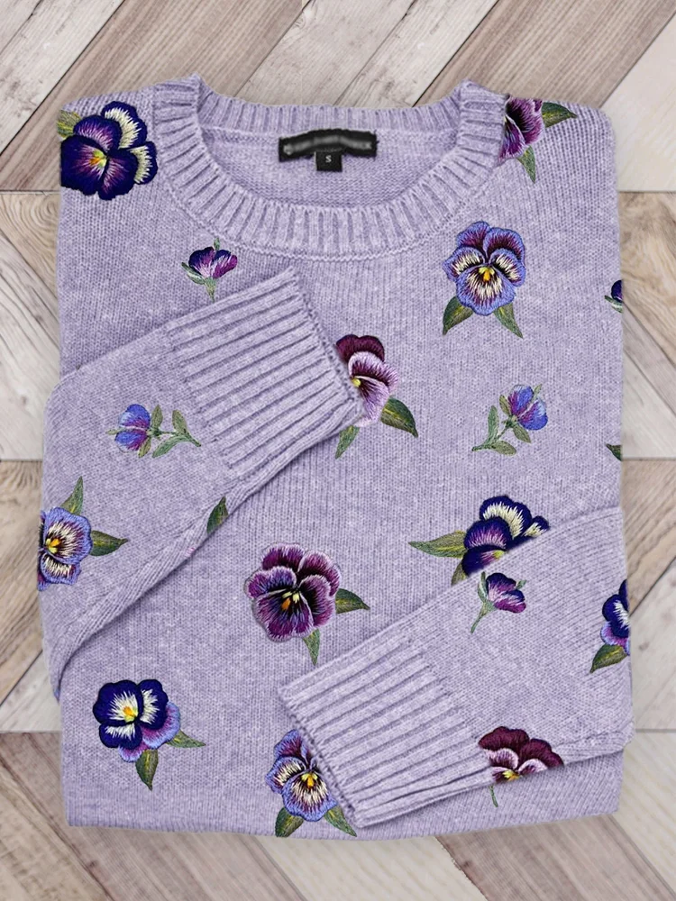 Pansy Floral Embroidery Pattern Cozy Knit Sweater