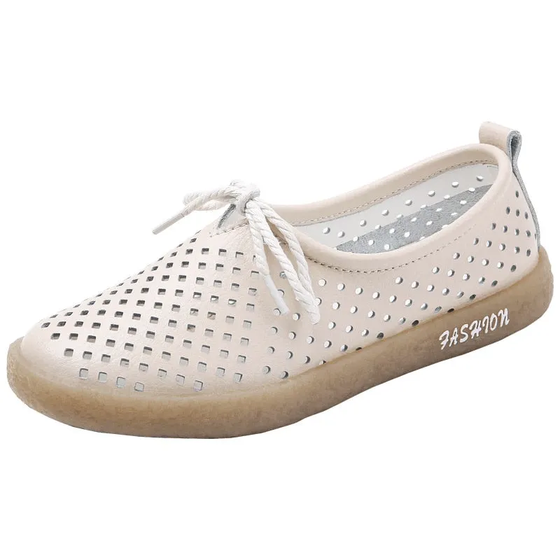 GKTINOO New Breathable Genuine Leather Summer Shoes Woman Flats Hollow Comfortable Ladies White Loafers Soft Casual Shoes