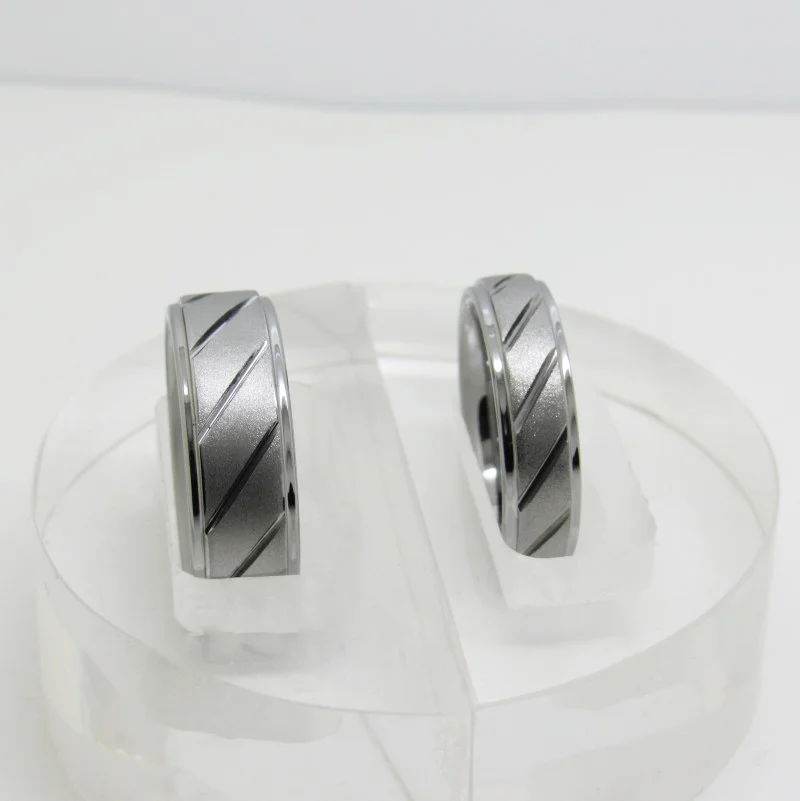 6MM 8MM Couples Tungsten Carbide Step Surface Sandblasted With 12 Chutes Sliver Wedding Rings