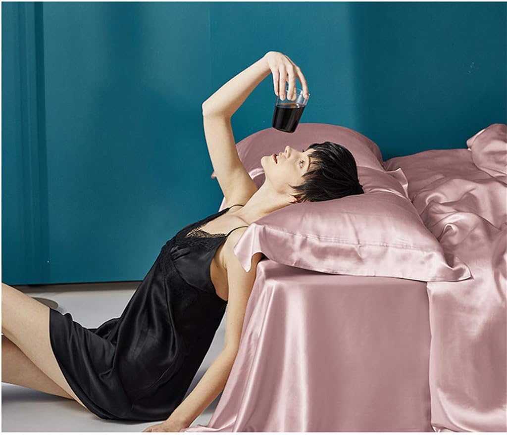 Luxury Royal 100% Ropa de Cama de Seda de Cuatro Piezas, 2 Fundas de Almohada de Seda, 1 Funda nórdica de Seda, 1 sábana de Seda Flamingo