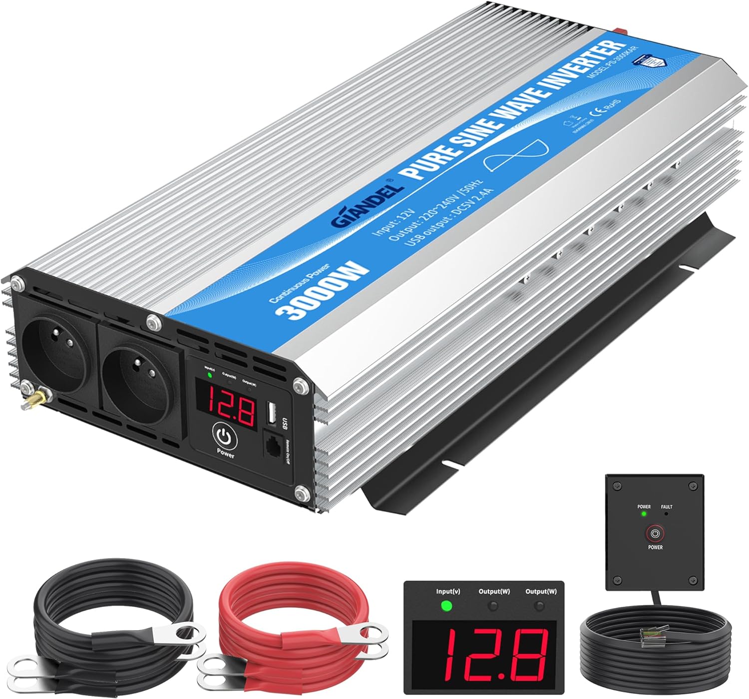 【Applicable en France】Produits d'occasion  3000W Convertisseur 12V 220V Pur Sinus Onduleur à Onde Sinusoïdale 