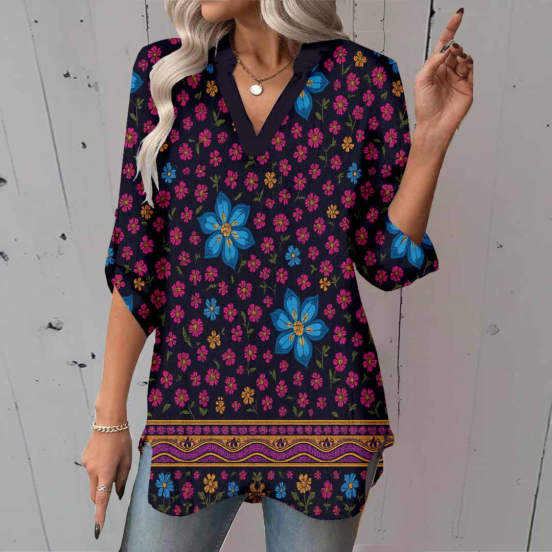 Women Bohemian,Red,Blue,Floral DZGA0281 3/4 Sleeve V-neck Printed Graphic Button Tops